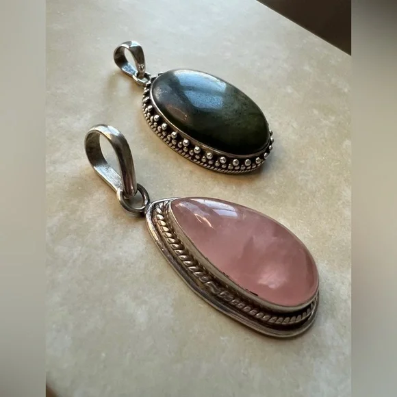 Sterling Silver Rose Quartz & Green Jade Pendant Lot | Vintage - Picture 2 of 4